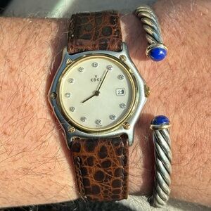 *SOLD* Vintage 1980s EBEL 18k Gold Steel Mother of Pearl Diamond Dial Watch 34mm